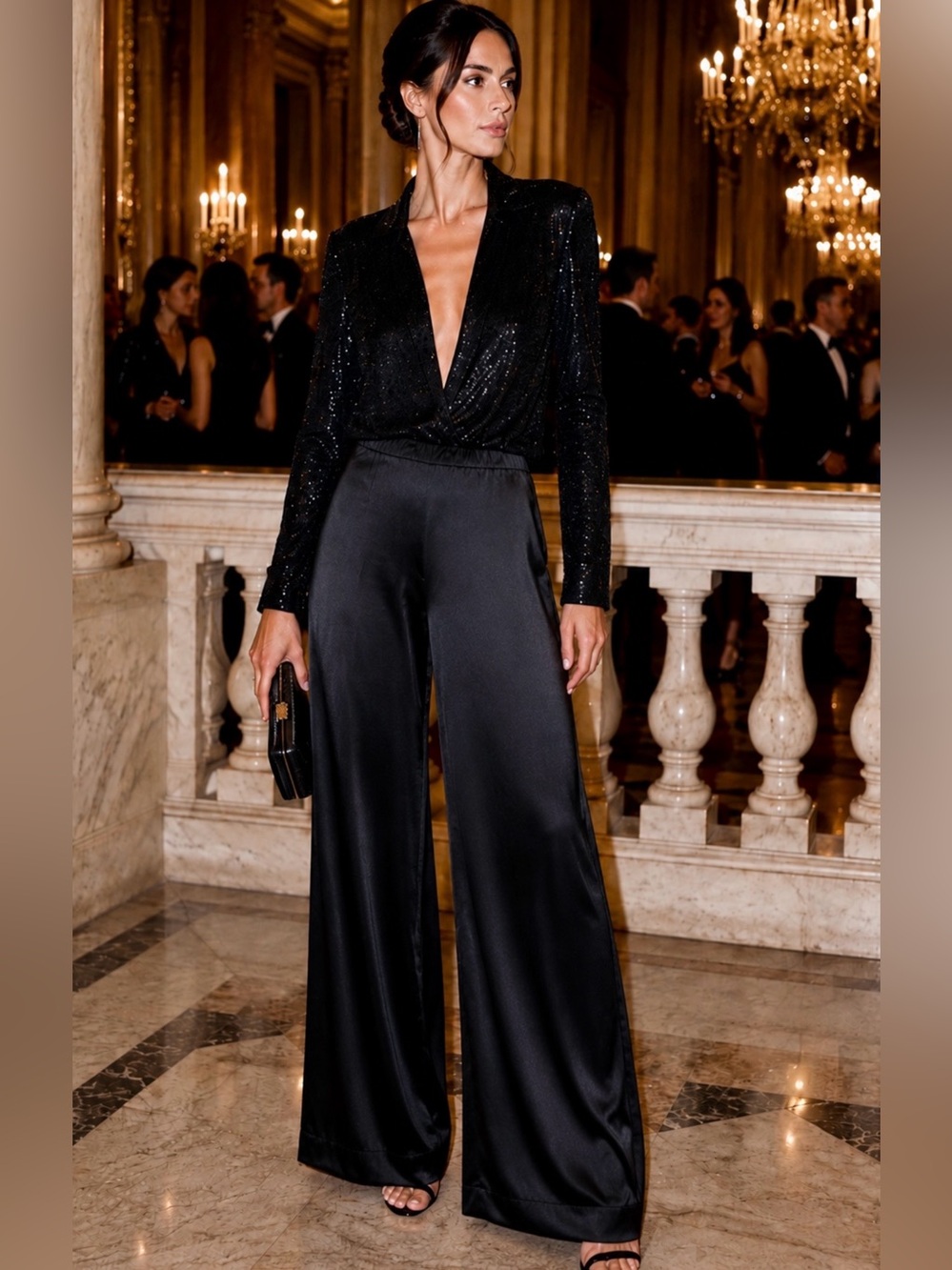 St John Caviar Kate Satin Wide Leg Size Zip Pants Quiet Luxury Black Sz 12🧡